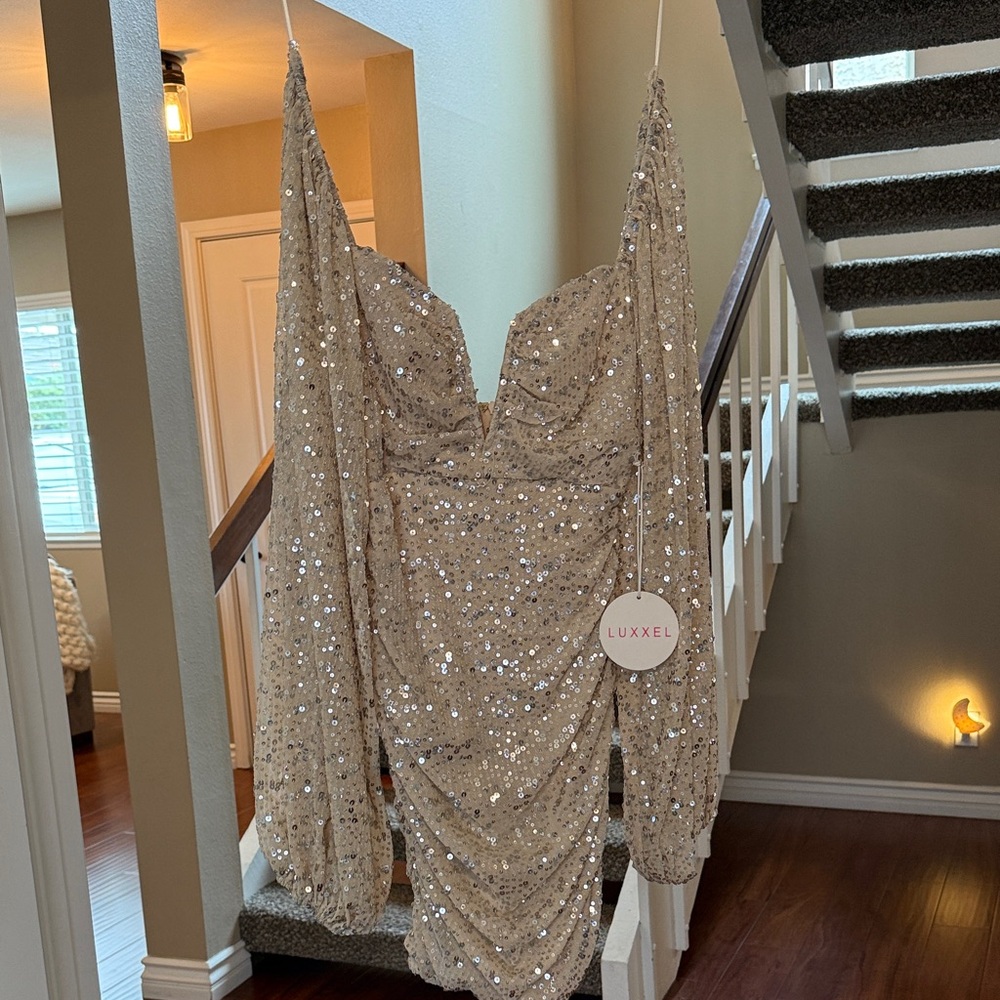 Luxxel Beige Sequin Ruched Dress